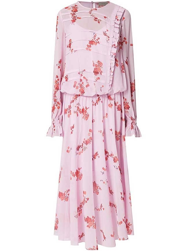 Preen By Thornton Bregazzi Pink Floral Ruffle Long-Sleeve Midi Dress